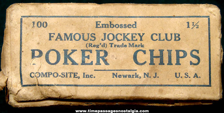 (88) Old Boxed Embossed Famous Jockey Club Poker Chips
