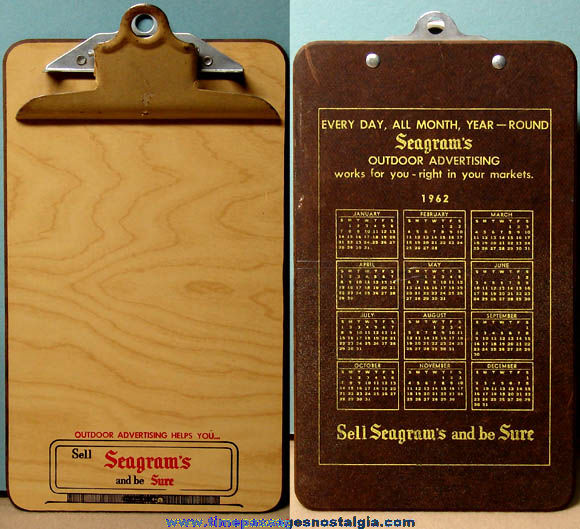 1962 Seagrams Whiskey Advertising Calendar Clipboard