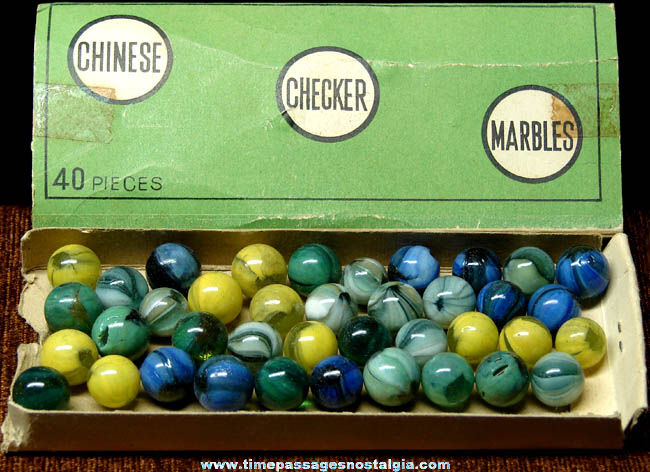 (40) Old Boxed Pee Wee Size Chinese Checkers Game Glass Marbles