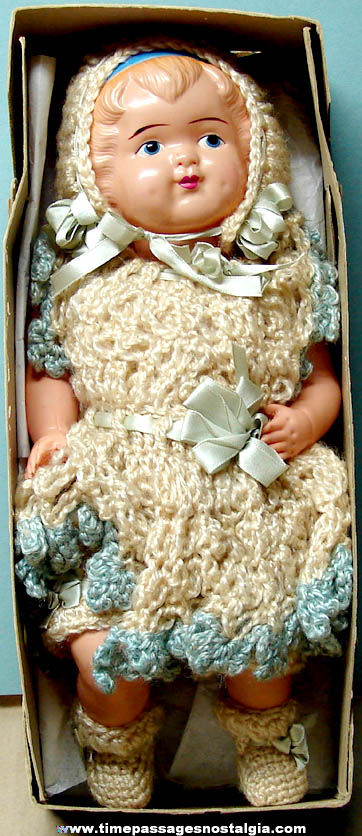 Old Celluloid or Early Plastic Doll in a Lowell Massachusetts Advertising Box
