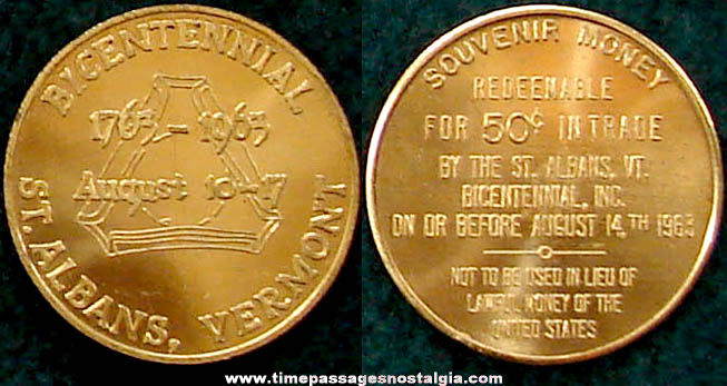 1963 St. Albans Vermont Bicentennial Advertising Souvenir Token Coin