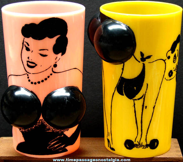 (2) Different Colorful Old Risque Bar Drink Glasses