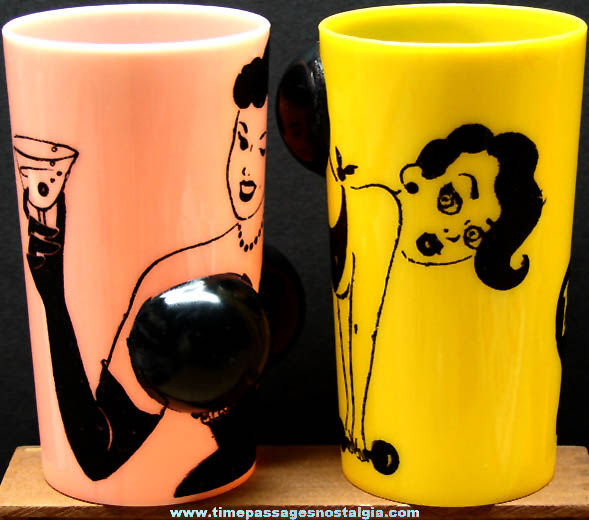 (2) Different Colorful Old Risque Bar Drink Glasses