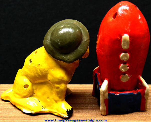 World War II Painted Plaster Bull Dog & Bomb Salt & Pepper Shaker Set