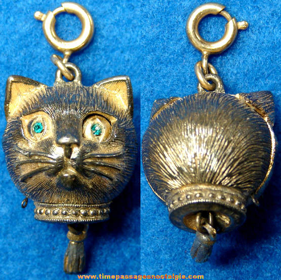 Old Metal Winking Cat Mechanical Necklace Pendant Charm