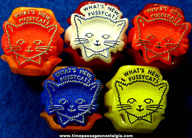 (5) Colorful Old What’s New Pussycat Gum Ball Machine Prize Toy Rings