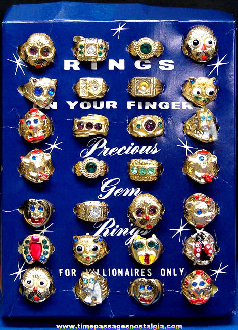 Old Gum Ball Machine PrizeToy Ring Display With (28) Metal Toy Rings