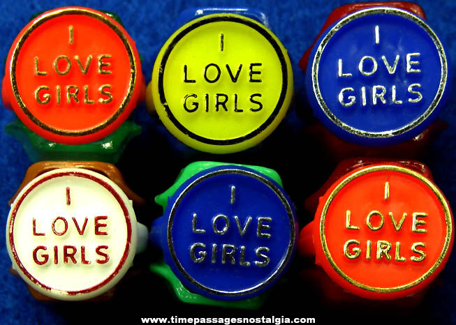 (6) Colorful Old I Love Girls Gum Ball Machine Prize Toy Rings