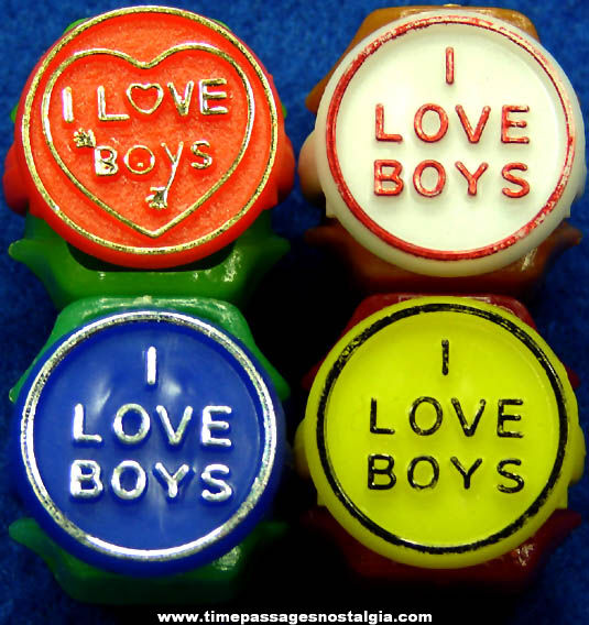 (4) Colorful Old I Love Boys Gum Ball Machine Prize Toy Rings