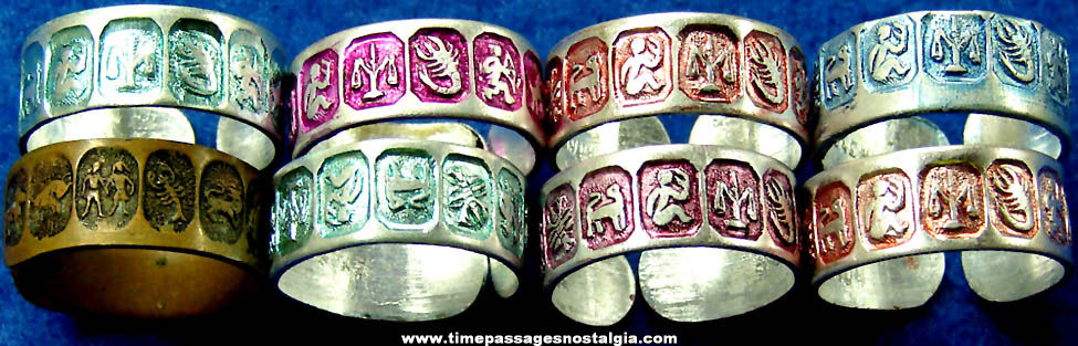(8) Colorful Old Metal Astrology Zodiac Gum Ball Machine Prize Toy Rings