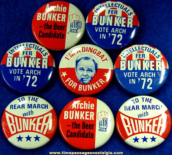 (8) 1972 Archie Bunker Gum Ball Machine Prize Political Pin Back Buttons