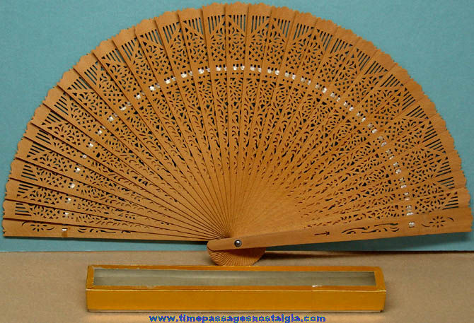 Old Boxed Pierced Wood Ladies Hand Fan
