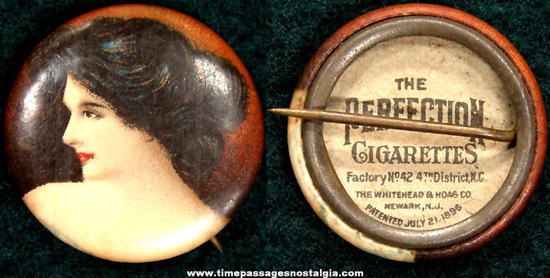 Old Perfection Cigarettes Advertising Premium Pretty Lady Celluloid Pin Back Button
