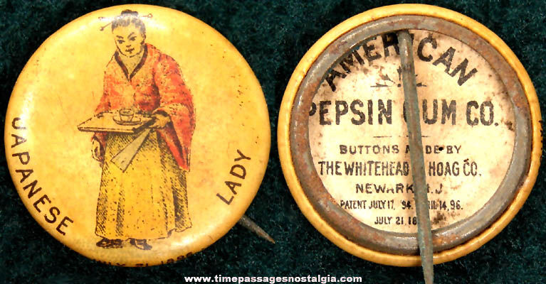 Old American Pepsin Gum Company Advertising Premium Japanese Lady Celluloid Pin Back Button