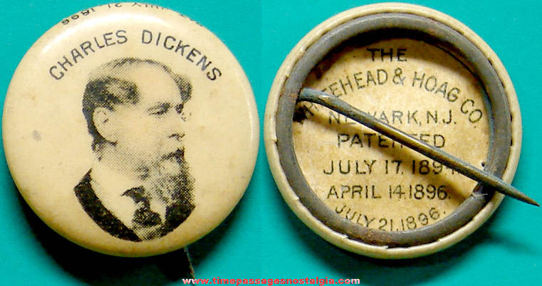 1896 Charles Dickens Advertising Premium Celluloid Pin Back Button