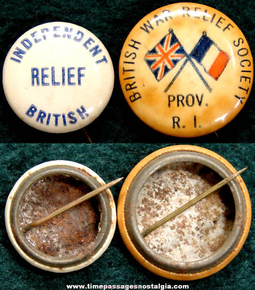 (2) Old Celluloid British War Relief Advertising Pin Back Buttons
