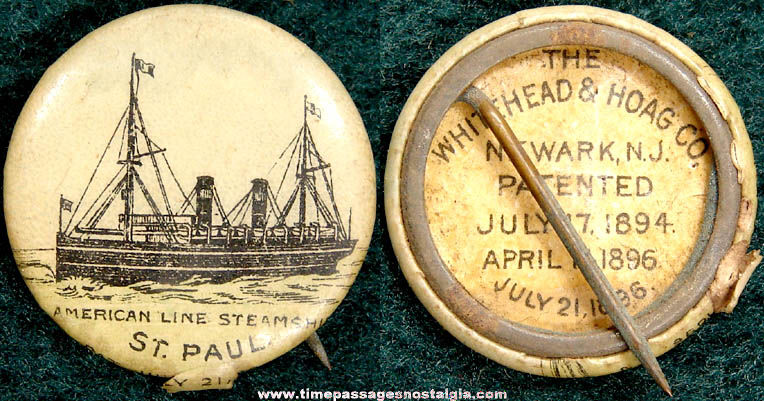1896 American Line Steamship S.S. St. Paul Celluloid Pin Back Button