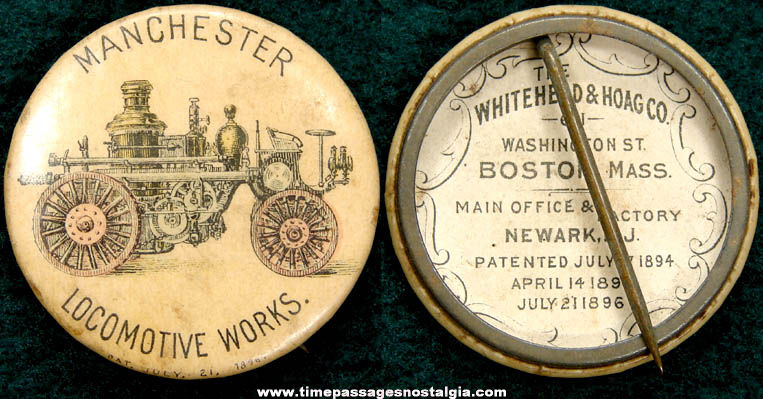 1896 Manchester Locomotive Works Steam Fire Engine Advertising Celluloid Pin Back Button