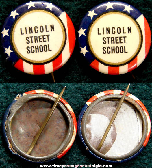 (2) Colorful Old Lincoln Street School Advertising Celluloid Pin Back Buttons