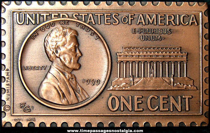 Numbered 1971 Numistamp Metal Plaque 1959 Lincoln Memorial Cent
