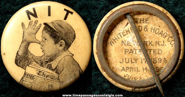 1896 Whitehead & Hoag Company Celluloid Newspaper Boy Pin Back Button