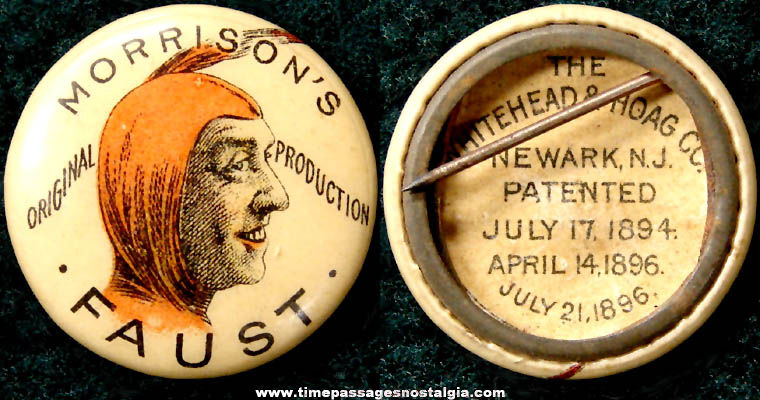 1896 Lewis Morrison Faust Production Celluloid Advertising Pin Back Button