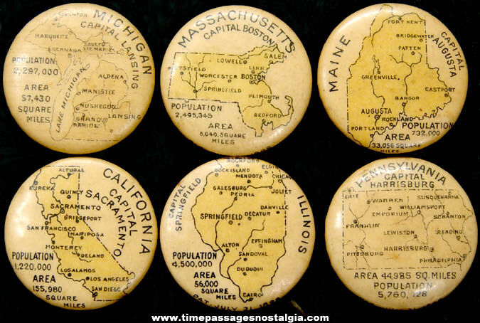 (6) Different 1896 United States State Map Premium Celluloid Pin Back Buttons