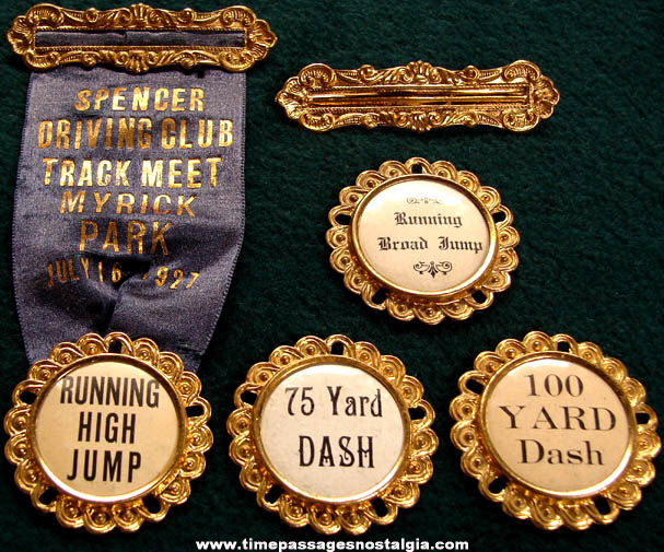 (5) 1927 Spencer Massachusetts Track & Field Sports Buttons and Ribbon