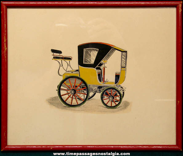 (2) Different Old Hand Colored & Framed Horseless Carriage Prints