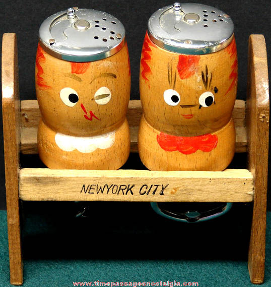 Old New York City Advertising Souvenir Salt Pepper & Bottle Opener Bar Set