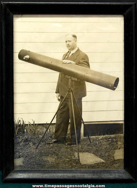 Old Framed Astronomer & Telescope Black & White Photograph