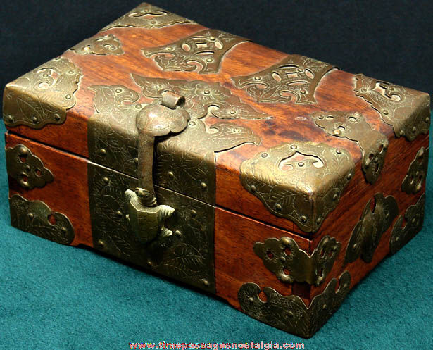Old Ornate Brass & Mahogany Wooden Box