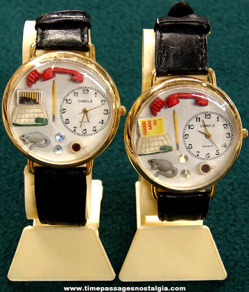 (2) Colorful Old Unused Computer Career or Occupational Wrist Watches With Display Stands