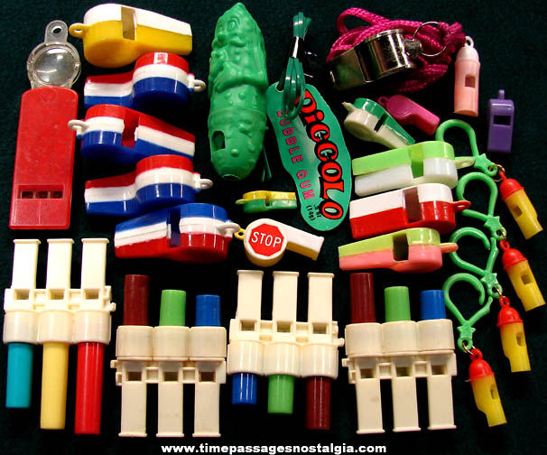 (25) Colorful Old Plastic Toy Whistles