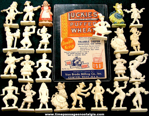 (23) Old Van Brode Cereal Prize Figures With Luckies Cereal Advertisement