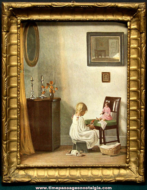 Old Framed Child With Dolls Print & Wallace Nutting Signature
