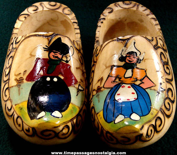 Pair of Old Carved & Painted Wooden Dutch Shoes