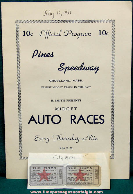 1941 Pines Speedway Groveland Massachusetts Auto Racing Program & Tickets