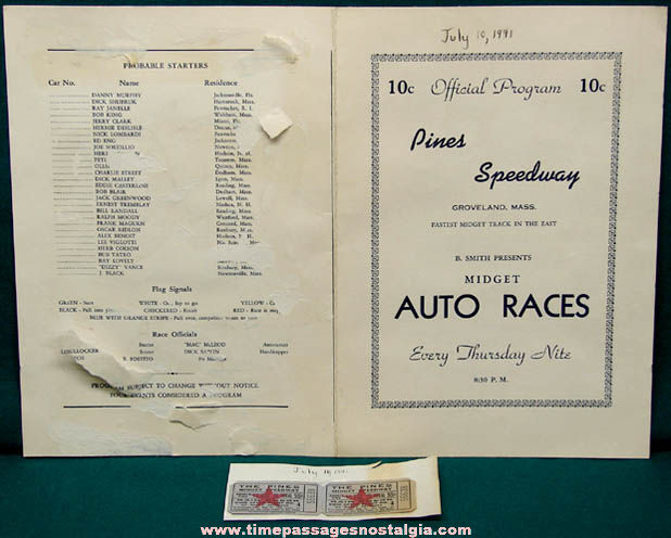 1941 Pines Speedway Groveland Massachusetts Auto Racing Program & Tickets