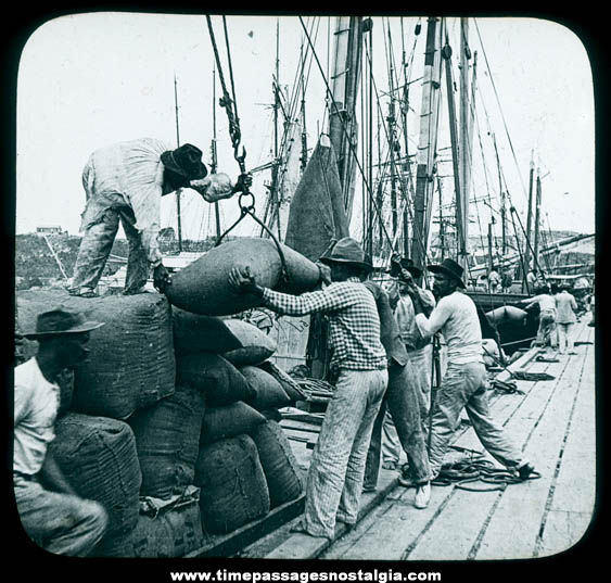 Old Glass Slide Photograph of Dock Workers Unloading Coffee In Havana Cuba
