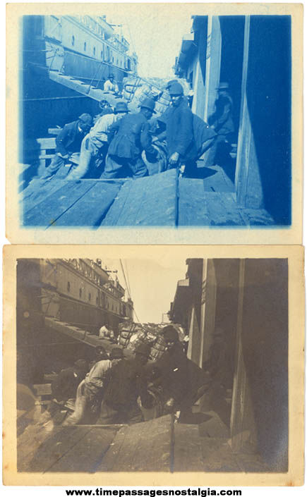(2) Old Photographs of Dock Workers Unloading Barrels From A Ship