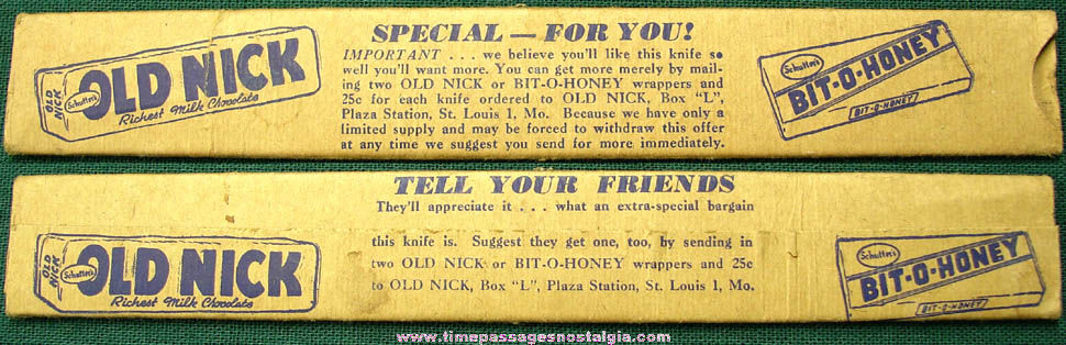 Old Schutter’s Old Nick & Bit-O-Honey Candy Bar Advertising Premium Knife