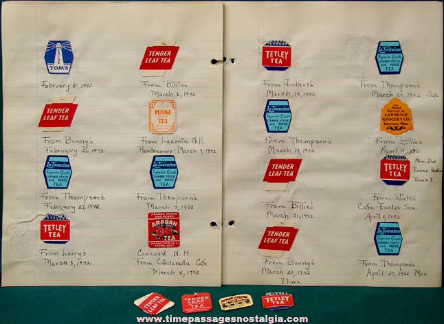 (131) Colorful 1941 - 1943 Tea Advertising Teabag Tags On Scrap Book Pages