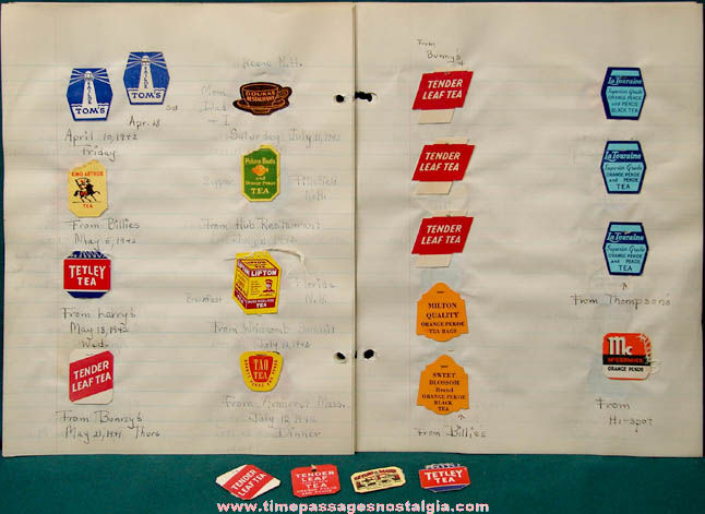 (131) Colorful 1941 - 1943 Tea Advertising Teabag Tags On Scrap Book Pages