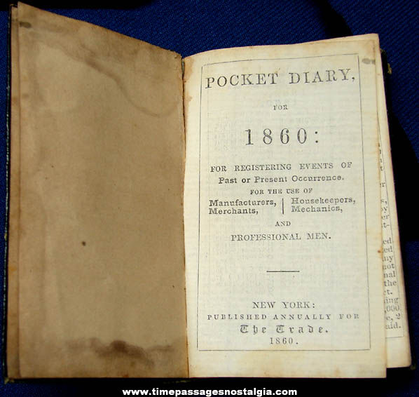 Small 1860 Pocket Calendar Diary with Many Entries