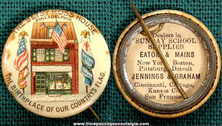 Colorful Old Betsy Ross House Advertising Celluloid Pin Back Button