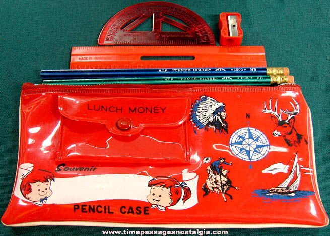 Colorful Old Childrens Souvenir Vinyl School Pencil Case With Contents