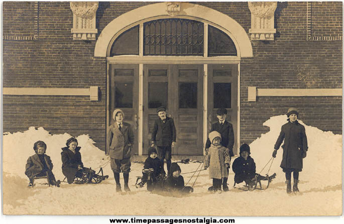 Old Unused Children & Sleds Real Photo Post Card