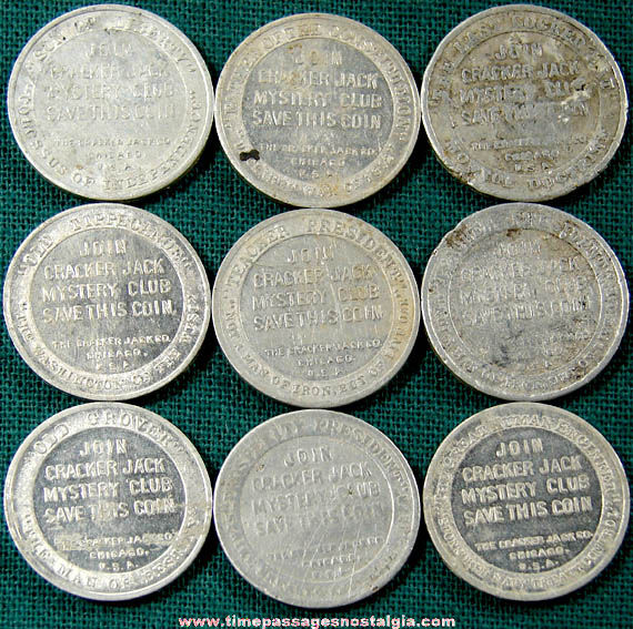 (9) 1930s Cracker Jack Mystery Club Presidential Prize Token Coins