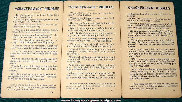 (3) 1910s Cracker Jack Advertising Premium / Prize Riddle Cards